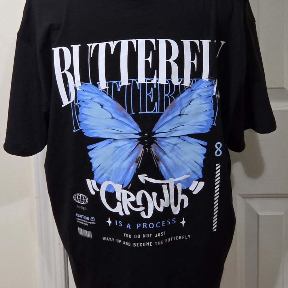 * Shein Women's Butterfly Slogan Graphic Drop Short Sleeves Tee Black Sz Small - Picture 8 of 12